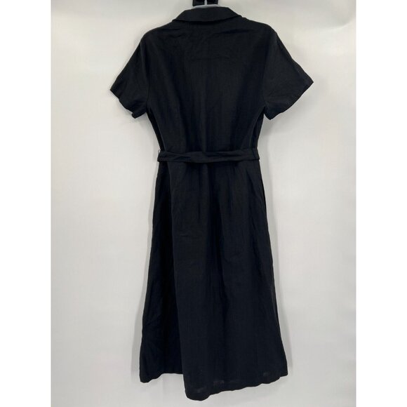 Quince Women's Black Linen Button Front Dress sz S Midi A-Line Belt Short Sleeve - Picture 7 of 7